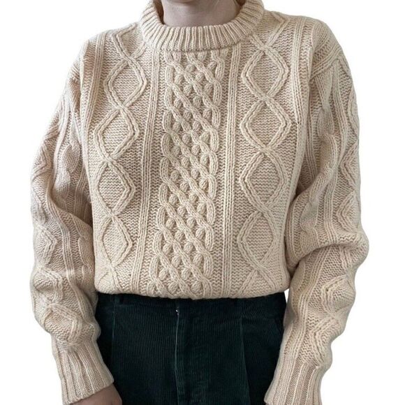 Vintage 1960s Womens Thane Cream Wool Fisherman Cable Knit Chunky Sweater Sz L - Picture 1 of 9
